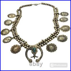 160grABSOLUTELY INCREDIBLE VINTAGE NAVAJO SILVER Nevada Squash Blossom Necklace