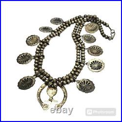 160grABSOLUTELY INCREDIBLE VINTAGE NAVAJO SILVER Nevada Squash Blossom Necklace