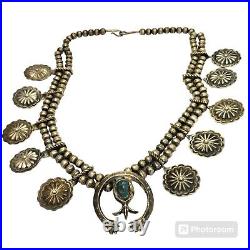 160grABSOLUTELY INCREDIBLE VINTAGE NAVAJO SILVER Nevada Squash Blossom Necklace