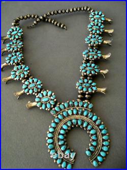 BEGAY Native American Turquoise Cluster Sterling Silver Squash Blossom Necklace