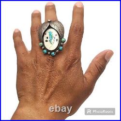 BIG VINTAGE ZUNI Vera Halusewa BLUEJAY TURQUOISE NATIVE AMERICAN SILVER RINGsz8