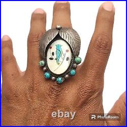 BIG VINTAGE ZUNI Vera Halusewa BLUEJAY TURQUOISE NATIVE AMERICAN SILVER RINGsz8