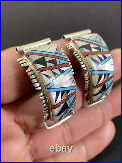 Beautiful Native American Vtg Sterling Silver Turquoise Shell Inlay Watch Tips