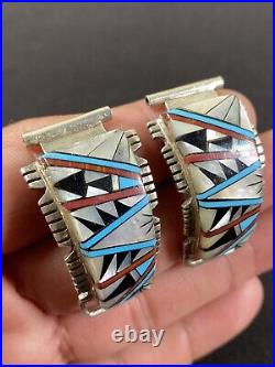 Beautiful Native American Vtg Sterling Silver Turquoise Shell Inlay Watch Tips