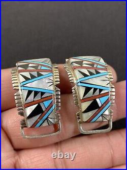 Beautiful Native American Vtg Sterling Silver Turquoise Shell Inlay Watch Tips