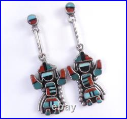 Best Vtg Zuni Sterling Silver Inlay Mosaic Medicine Man Drop Dangle Earrings