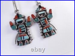 Best Vtg Zuni Sterling Silver Inlay Mosaic Medicine Man Drop Dangle Earrings