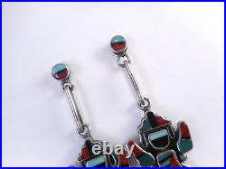 Best Vtg Zuni Sterling Silver Inlay Mosaic Medicine Man Drop Dangle Earrings