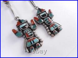 Best Vtg Zuni Sterling Silver Inlay Mosaic Medicine Man Drop Dangle Earrings