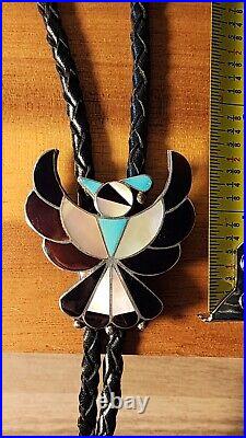 Bolo Tie Zuni Hopi Eagle Inlay Silver Native American Jewelry Vintage Turquoise