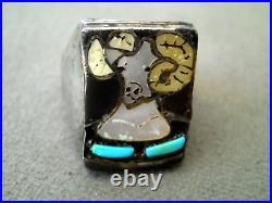 ERNEST ZUNIE Native American Multi-Stone Inlay Sterling Silver Bighorn Ram Ring