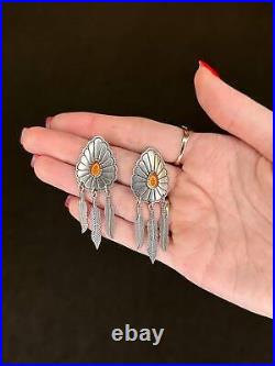 Earrings Native American Sterling Silver Amber MOP Concho Navajo Stud Dangle