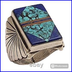 FASCINATING Kewa Pueblo MICRO INLAY TURQUOISE Lapis Sterling SILVER RINGsz9