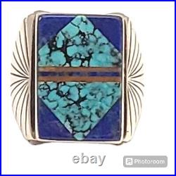 FASCINATING Kewa Pueblo MICRO INLAY TURQUOISE Lapis Sterling SILVER RINGsz9