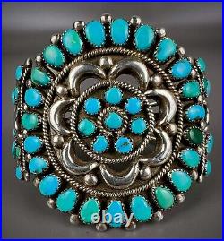 GORGEOUS Vintage Navajo Sterling Silver Turquoise Cluster Cuff Bracelet