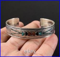 Gibson Gene Native American Sterling Coral Turquoise Inlay Cuff Bracelet Signed