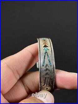 Gibson Gene Native American Sterling Coral Turquoise Inlay Cuff Bracelet Signed