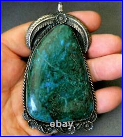 HUGE Southwestern Native American Green Chrysocolla Sterling Silver Pendant 4