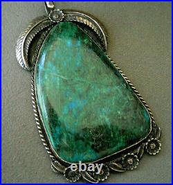 HUGE Southwestern Native American Green Chrysocolla Sterling Silver Pendant 4