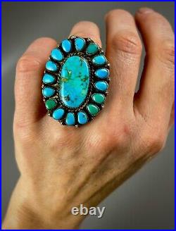 HUGE Vintage Zuni Sterling Silver Natural Turquoise Cluster Ring OMG