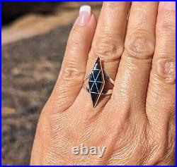 Handcrafted Native American Jewelry Black Jet Inlay Ring Zuni Signed Sz 7.75