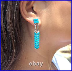 Handcrafted Zuni Turquoise Inlay Dangle Earrings Native American Sterling Silver