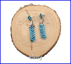 Handcrafted Zuni Turquoise Inlay Dangle Earrings Native American Sterling Silver