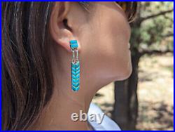 Handcrafted Zuni Turquoise Inlay Dangle Earrings Native American Sterling Silver