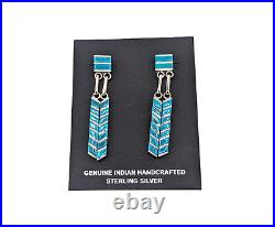 Handcrafted Zuni Turquoise Inlay Dangle Earrings Native American Sterling Silver