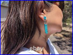 Handcrafted Zuni Turquoise Inlay Dangle Earrings Native American Sterling Silver