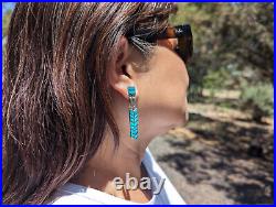 Handcrafted Zuni Turquoise Inlay Dangle Earrings Native American Sterling Silver