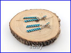 Handcrafted Zuni Turquoise Inlay Dangle Earrings Native American Sterling Silver