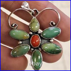 Handmade Native American Navajo Sterling Silver Royston Turquoise&red Coral