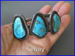 Heavy-Gauge Native American Navajo Turquoise 3-Stone Sterling Silver Bracelet M