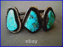 Heavy-Gauge Native American Navajo Turquoise 3-Stone Sterling Silver Bracelet M