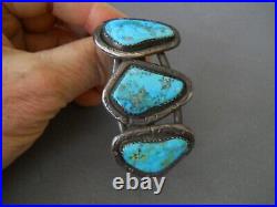 Heavy-Gauge Native American Navajo Turquoise 3-Stone Sterling Silver Bracelet M