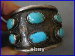 Heavy-Gauge Native American Navajo Turquoise Double Row Sterling Silver Bracelet