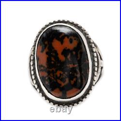 High Grade Native American Sterling Silver Petrified Wood Beaded Edge Ring 4.75