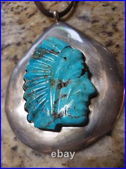 Huge Vintage Signed Platero Candelaria Turquoise 925 Pendant Native American