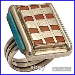 John Shopteese NAvajo POTAWATOMI SILVER RAISED INLAY TURQUOISE CORALRingsz6.75