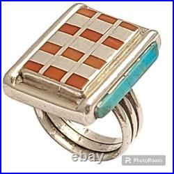 John Shopteese NAvajo POTAWATOMI SILVER RAISED INLAY TURQUOISE CORALRingsz6.75