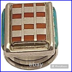 John Shopteese NAvajo POTAWATOMI SILVER RAISED INLAY TURQUOISE CORALRingsz6.75