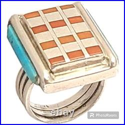 John Shopteese NAvajo POTAWATOMI SILVER RAISED INLAY TURQUOISE CORALRingsz6.75