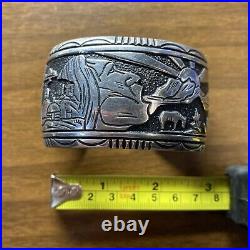 LARGE Signed Tommy Singer Navajo Sterling Silver Storyteller Cuff Bracelet 6 1/4