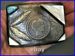 L&C COOPER Native American Turquoise MOP Sterling Silver Half Dollar Belt Buckle