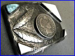 L&C COOPER Native American Turquoise MOP Sterling Silver Half Dollar Belt Buckle