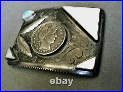 L&C COOPER Native American Turquoise MOP Sterling Silver Half Dollar Belt Buckle