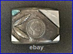 L&C COOPER Native American Turquoise MOP Sterling Silver Half Dollar Belt Buckle