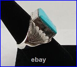 Large Size 9.5 Sterling Silver Turquoise Leaf Design Native American Indian Ring