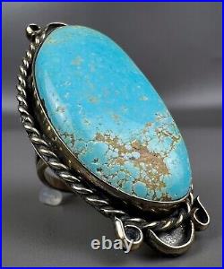 Large Vintage Navajo Sterling Silver Gem Grade Turquoise Ring 2 Long NICE